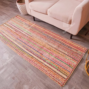 Hand Braided Jute Cotton Carpet, Handmade Chindi Cotton Runners, Bohemian Eco Rugs,Custom Size, meditation mat, colorful area rug home decor