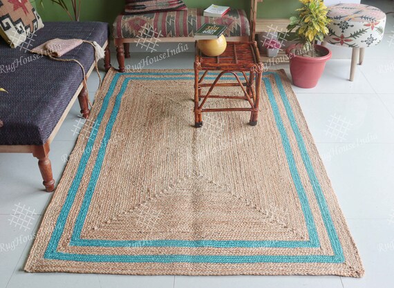 Handmade Jute Rug - Beige Rug with Turquoise Border Geometric Bedside Large Carpet