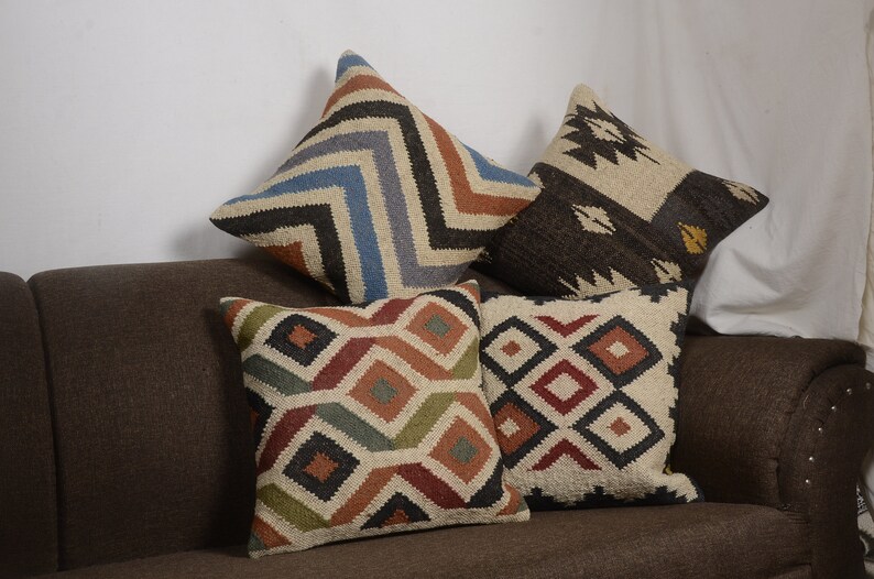 Indian Handwoven Kilim Jute Cushion Cover 18x18 Decorative Rug Pillow Case 2 Pcs