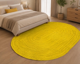 Hand Braided Yellow oval jute area rugs for living room, Jute fiber oval Shape home decor doormat, Bedside Boho oval runner jute carpet.