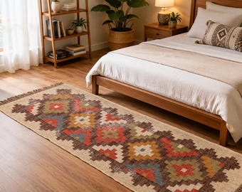 Vintage 2x8ft wool jute kilim runner rugs for bedroom decor, Ethnic jute geometric runner rug, Tribal area runner jute doormat, eco friendly