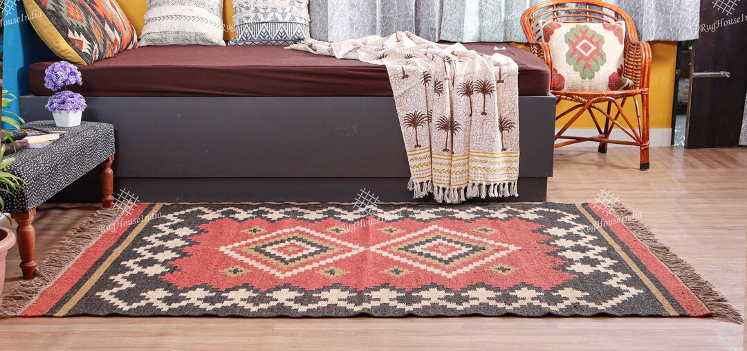 Indian Village Handwoven Jute Classic Colorful Kilim Area Dhurrie Rug ...