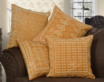 Handwoven Jute Pillow Covers (Set of 4): Vintage Yellow Indian Block Print, 18"