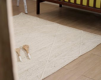 Handmade White farmhouse Decor Jute rugs, White solid Diamond geometric design jute area carpet, Scandinavian boho large area rugs.