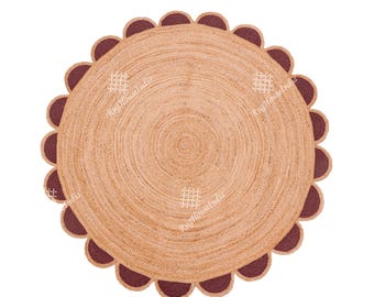 Handmade Round Jute Rug with Color Scalloped Rug, Braided Jute Rug for Home Decor and Dining Room Round Scallop Pattern Rug