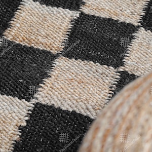 Hand Loomed Beige and Black Hemp Jute Rug/Runner in Checkered Pattern Large Area Jute Rug Custom Size Vintage Rug Decorative Rugs Boho Rug