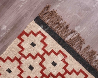 Handwoven Wool Jute Kilim Rug: Traditional Indian Design, Vintage Flat weave Runner Kilim Rug, Tribal Kilim Jute Dhuurie, Custom Size Rug