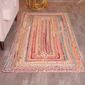 Alfombra de yute multicolor trenzada a mano india y alfombra trenzada de algodón, alfombra de yute boho, alfombra de yoga, alfombra de algodón de yute, alfombra de yute vintage imagen 4