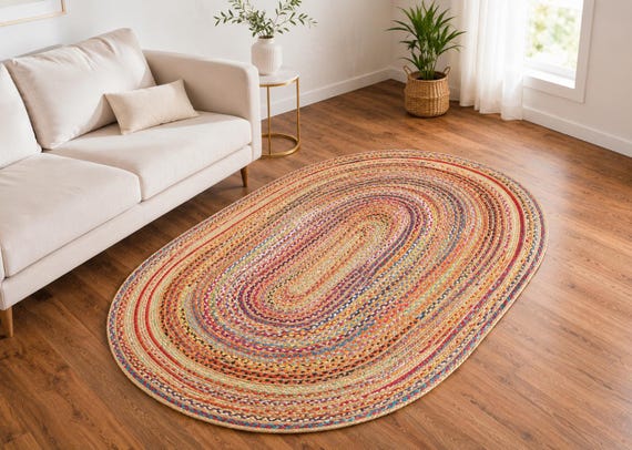 Handwoven Cotton Oval Multicolor Vibrant color Chindi area rug for kitchen decor 6x9ft oval cotton chindi Traditional Cotton oval jute rug