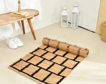 Handgewebter Läufer aus Naturhanf und Jute für Treppenaufgänge, 60 x 180 cm großer, geometrischer Boho-Läufer mit schwarzem Karomuster, langer, rustikaler Sisal-Jute-Flickenteppich
