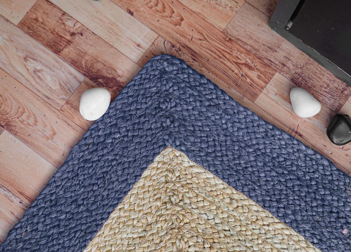 Custom Braided Rug Hand Braided Natural Jute Rug Custom Size Rug Beige With Navy Blue ...
