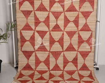 Natural Jute And Cotton Rug With Red, Black, And White Design, Handmade Boho Style Rug, Moroccan Nordic Rug, Bohemian Decor Rug Handmade Rug