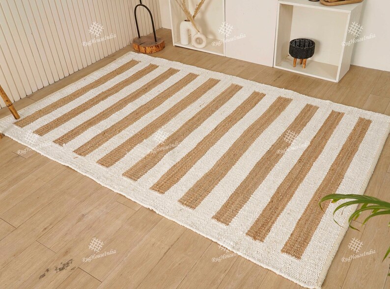 Indian Village Handwoven Hemp Jute Rug Vintage Large Area Dhurrie Rug