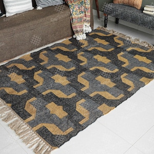Indian Village Handmade Jute Blue and Yellow Kilim Area Rug/Runner/Doormat, Bohemian Rug, Home Decor Rug, Entryway/Stair Decor Runner