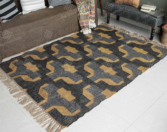 Vintage Flatweave kilim jute runner rugs : Geometric boho wool jute carpet, matching kitchen mat, Traditional kilim jute dhurrie, 4x7 rug