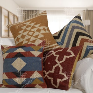 Pillow Set of Indian Hand Woven Wool Jute Cushion Cover 18X18 Inch Jute Pillows Ethnic Vintage Throw Pillow Cases Decorative Shams
