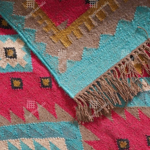 Custom Size Wool Jute Kilim Handmade Multicolor Rug| Indian Jute Bohemian Runner/Doormat, Vintage Antique Look Rug, Eco Friendly Rug