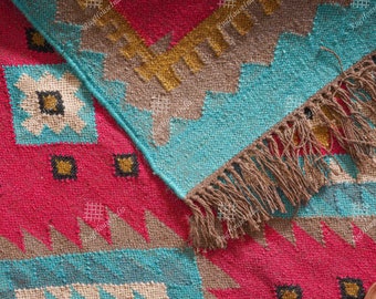 Alfombra multicolor tejida a mano Kilim de yute de lana de tamaño personalizado / corredor/felpudo boho de yute natural, alfombra vintage de aspecto antiguo, alfombra ecológica