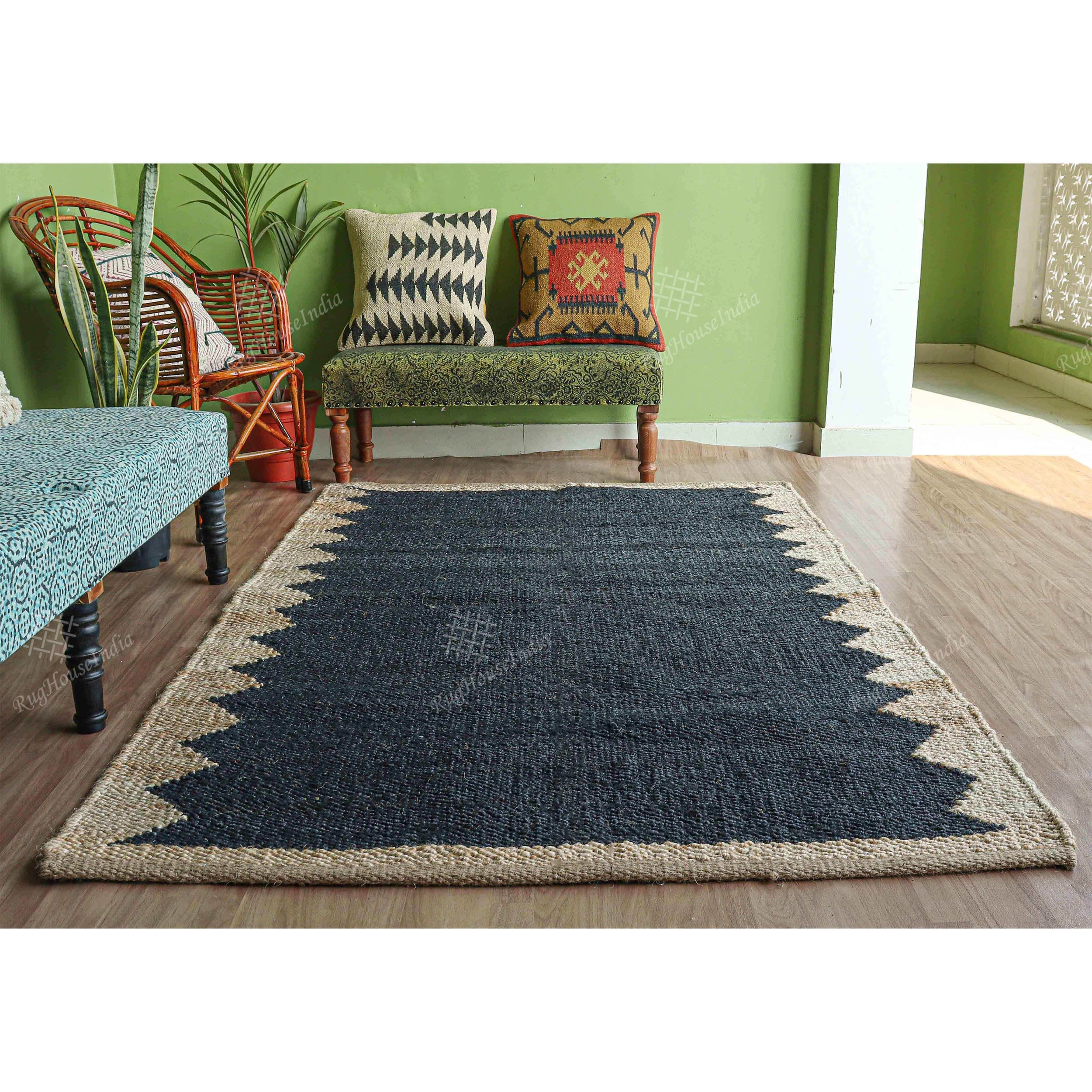 Hand Loomed Black with Zig Zag Beige Border Hemp Jute Runner/Rug Large Area Jute Rug Custom Size Vintage Rug Decorative Rugs Boho Rug