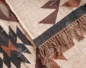 Alfombra Kilim de yute de lana multicolor tejida a mano india, alfombra Dhurrie hecha a mano, alfombra Boho, alfombra de decoración del hogar, alfombra ecológica, alfombra vintage, alfombra grande