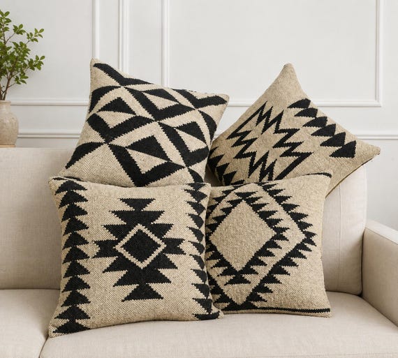 4er-Set weiße Kelim-Kissenbezüge, handgefertigte Kissenbezüge aus Wolle und Jute, Boho-Kissen-Set im türkischen Stil, rustikale Landhausdeko, Zierkissen im Ethno-Stil