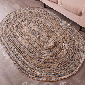 Custom Size and Shape Natural Jute Cotton Rug Hand Braided Rustic Area Runner Indian Bohemian