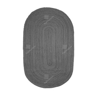 May include: An oval-shaped dark gray braided rug featuring a textured surface with concentric patterns. Four small white grid-like square motifs are positioned symmetrically around the center. The text RugHouseIndia is visible in small white font.