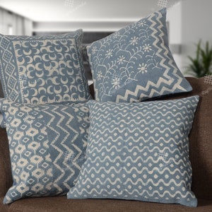 Set of 4 Handwoven Cotton Pillow Covers 18&quot;x18&quot; Faded Blue Antique Pillow Cases Indian Hand Block Printed Cushion Covers