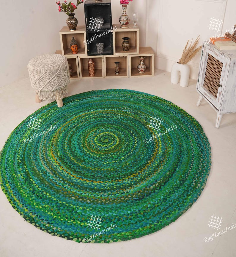5x5 9x9 Ft. Handmade Round Cotton Chindi Rug, Decorative Sofa and