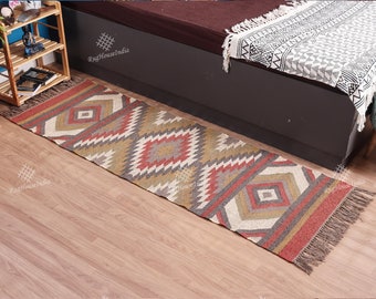 Warm Wool Jute Kilim Runner| Reversible Handmade Jute Bohemian Colorful Classic Staircase
