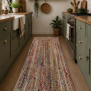 May include: A rectangular, braided rug with a mix of colors including beige, red, blue, and green. The rug is placed on a wooden floor in a kitchen setting. The rug's design features vertical stripes and a textured appearance.