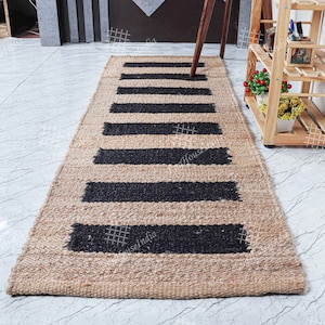 Handgemaakt henneptapijt jute: zwarte en beige tapijten, keuken 2 x 10 ft tapijten Boho interieurtapijt, Indiaas handgeweven tapijt, Turkse gebiedsmat