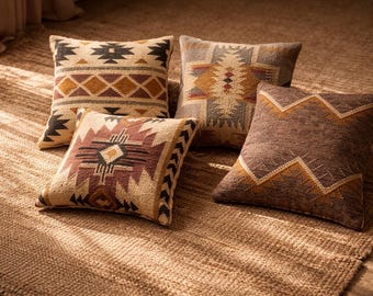 Handwoven 4 set cushion set : 18x18 inch small geometric pillowcase, Southwestern kilim sofa decor cushions, Boho vintage decorative sham