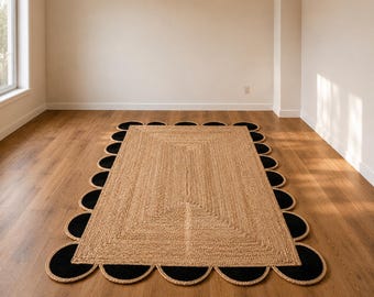 Handgevlochten Indiaas zwart jute vloerkleed met geschulpte rand voor huisdecoratie, vintage boerderijstijl jute vloerkleed met geschulpte rand, 180 x 270 cm boho jute vloerkleed van natuurlijke vezels