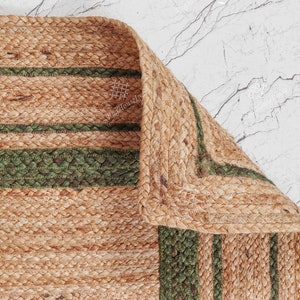 Natural Hand Braided Beige With Green Border Jute Rug, Eco Friendly Rug, Handmade Turkish Rug, Natural Fiber Rug Bohemian Rug, Jute Rug