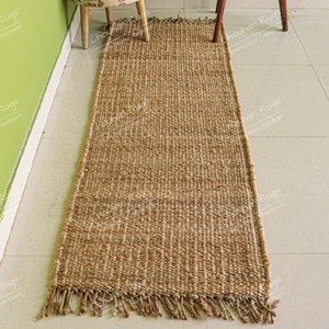 Custom Size Natural Jute Hemp Runner, Stair Decor/Entryway Runner, Jute Bed Side Runner, Vintage Area Rug,Natural Jute Hemp Beige Doormat with Fringes