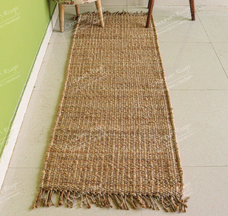 Custom Size Natural Jute Hemp Runner, Stair Decor/Entryway Runner, Jute Bed Side Runner, Vintage Area Rug,Natural Jute Hemp Beige Doormat with Fringes