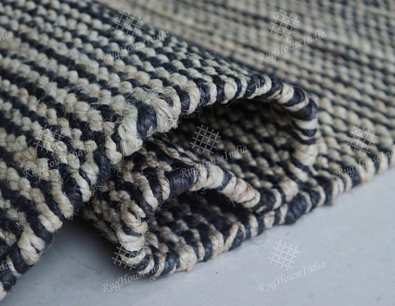 Handmade Black stripe hemp jute rugs for kitchen decor, 5x7ft jute area rugs for living area, boho Jute fiber texture rug, eco friendly rug