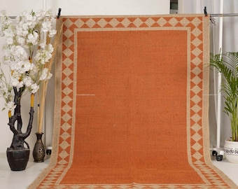 Tappeto indiano in lana e iuta arancione tessuto a mano: tappeto kilim puro per soggiorno
