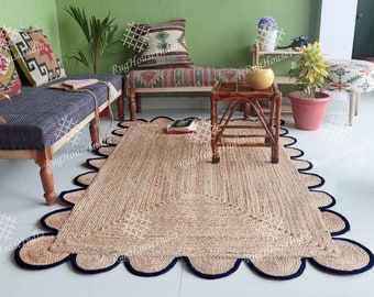 Braided Scalloped Jute Rug, Navy Border Rectangle Rug, Boho Home Decor Large Rug, Custom Size and Color, Scallop Pattern Rug