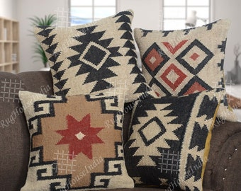 Lot de 4 housses de coussin en jute de laine naturelle tissée à la main indienne 18X18, oreillers en jute ethniques vintage, taies d'oreiller décoratives