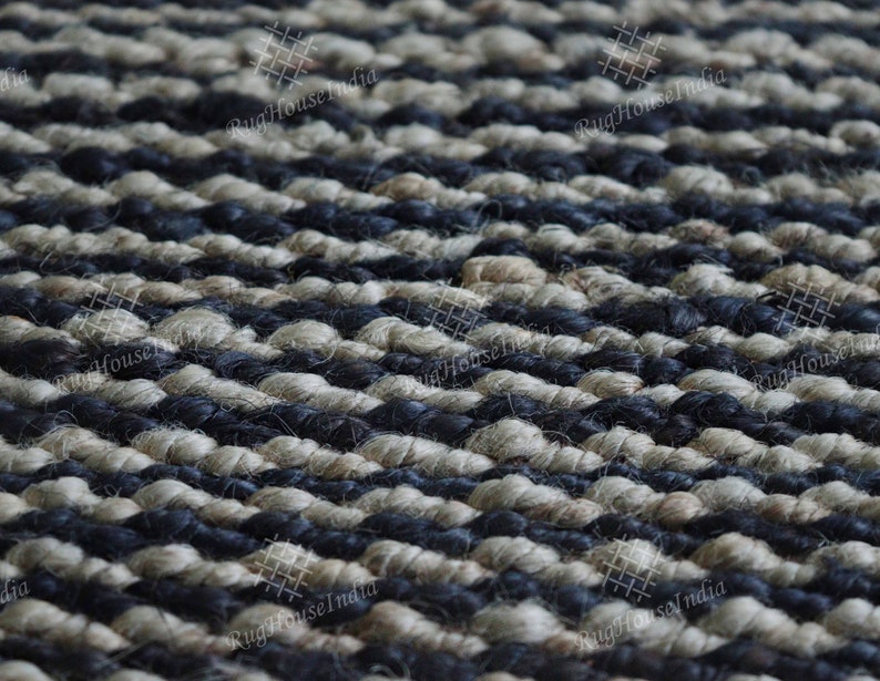 Handmade Black stripe hemp jute rugs for kitchen decor, 5x7ft jute area rugs for living area, boho Jute fiber texture rug, eco friendly rug image 4