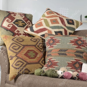 Jute Pillow, Indian Handwoven 4 set of 45x45 cm jute Pillow covers, Kilim Pillow Covers, Decorative Sofa cushion covers