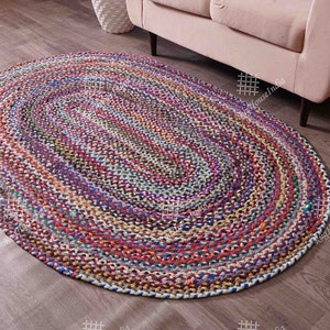Hand Braided Bohemian Colorful Jute Cotton Chindi Area Rug  Home Decor Rugs cotton area rugs oval shape braided rug rag floor rug mat