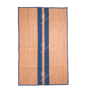Indian Village Hand Braided Jute Area Rug/Rectangle/Doormat Custom Size Rug, Beige & Blue Strip Rug