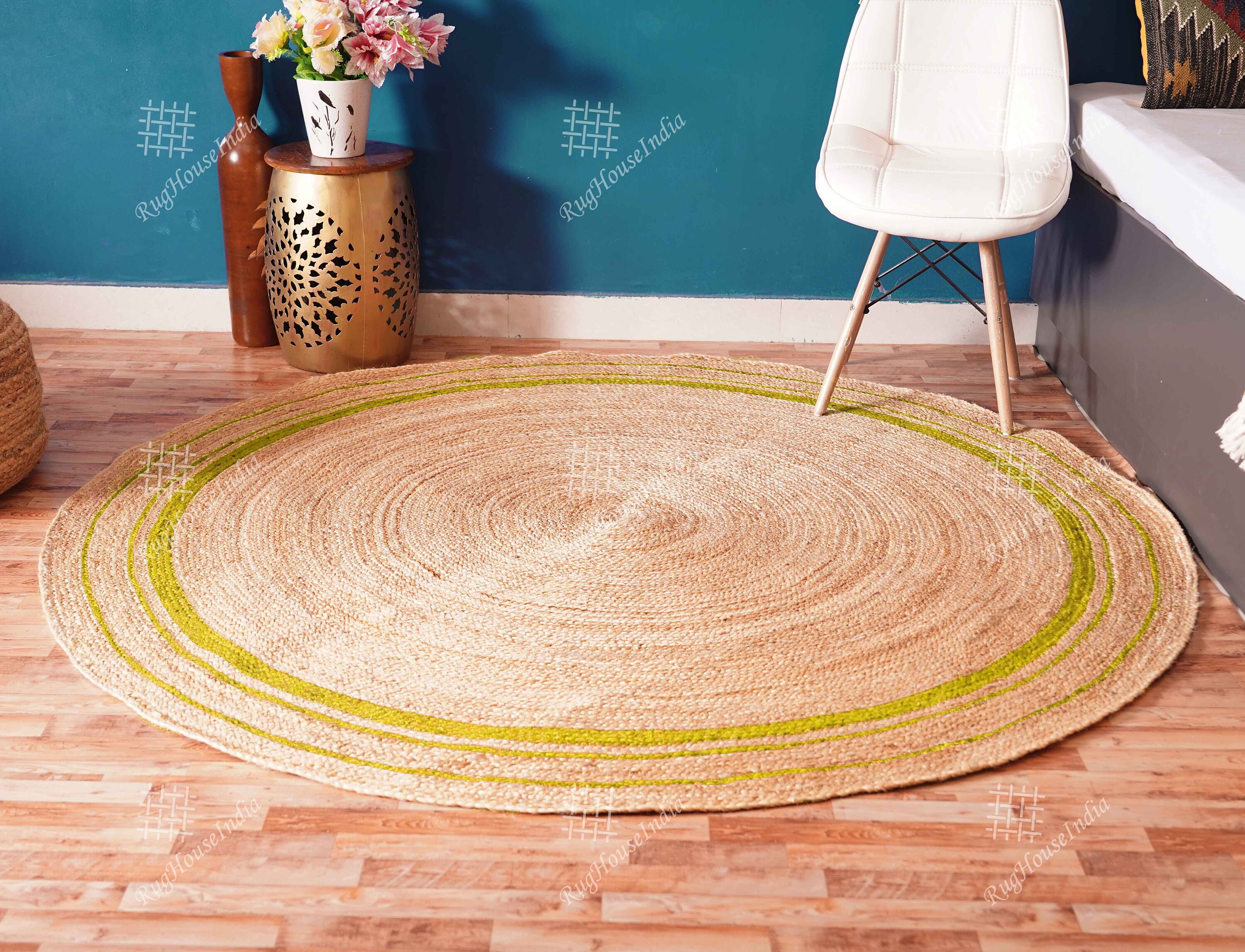Custom Size Hand Braided Jute Round Area Rug Beige With Triple
