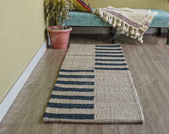 Alfombra de yoga vintage de yute de fibra natural, alfombra ecológica tejida a mano con rayas negras estilo granja, alfombra tradicional para pasillo, felpudos.