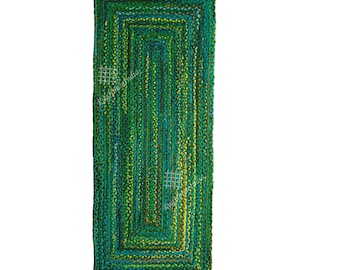Custom Size Indian Handwoven Green Cotton Rug, Chindi Runner Rug, Multicolor Cotton Runner Doormat, Area Rug, Bohemian Rug, Chindi Rug