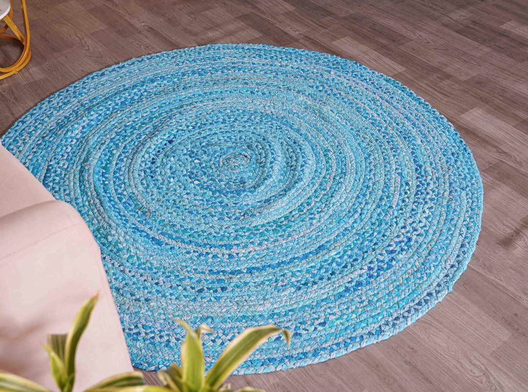 Handmade Cozy Living Room Round Cotton Rugs, Bluish Vibrant Circle Area ...