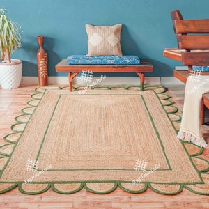 Hand Braided Natural Jute Rug Color Scalloped Border Rectangle Jute Carpet Custom Size Eco Friendly Home Decor Bohemian Rugs Scallop Doormat